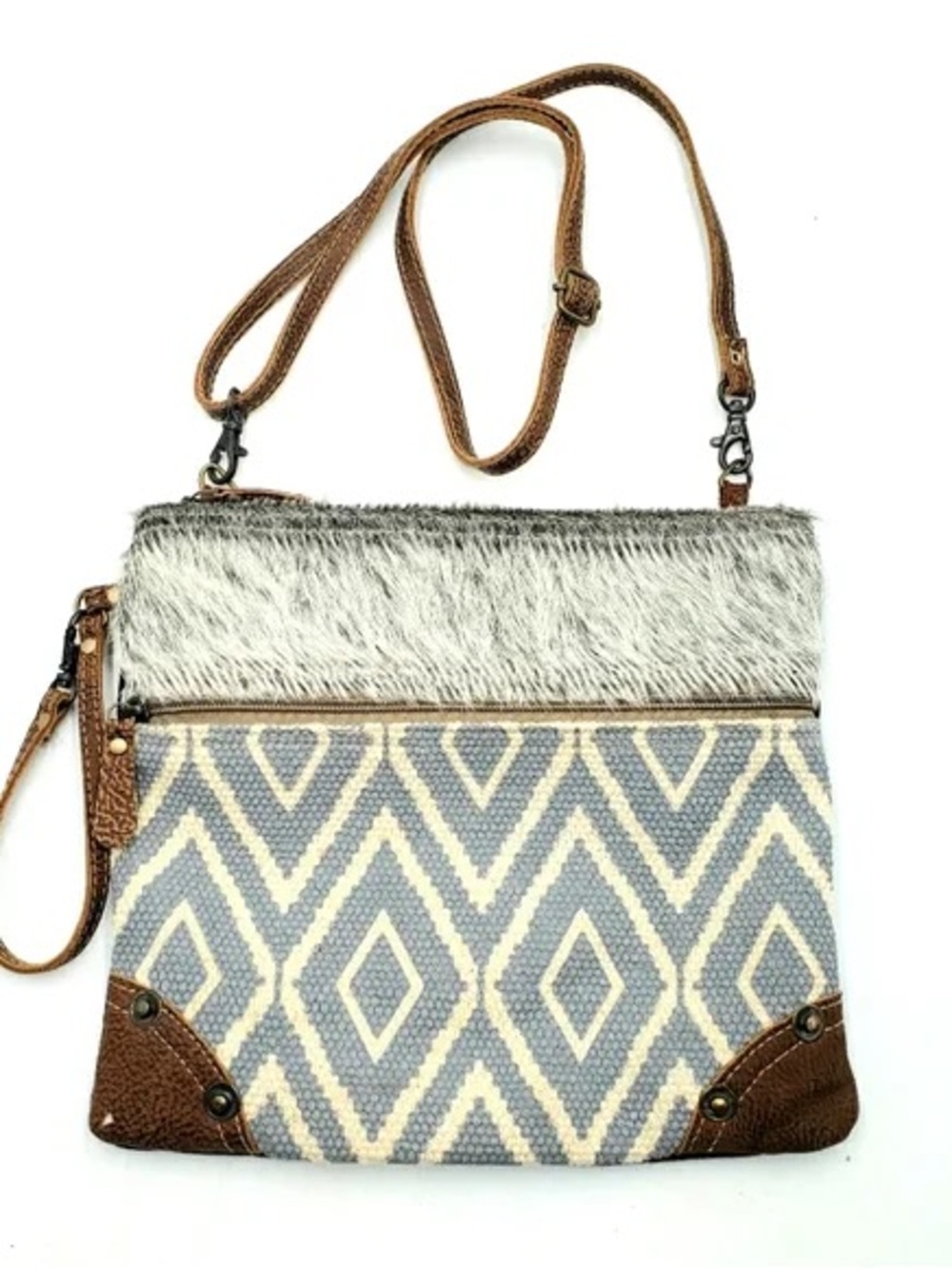 MAKE AN OFFER - MYRA BAG Geometric Calf Hair Upcycled Patchwork Crossbody Purse